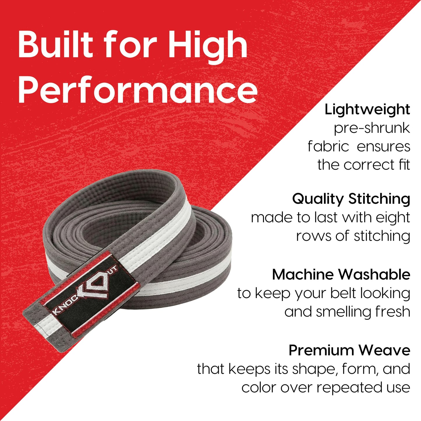 KO Sports Youth BJJ Gi Belt for Kids, 100% Cotton Durable Weave with Ranking Bar, Ages 4–18, All Ranks Training & Competition