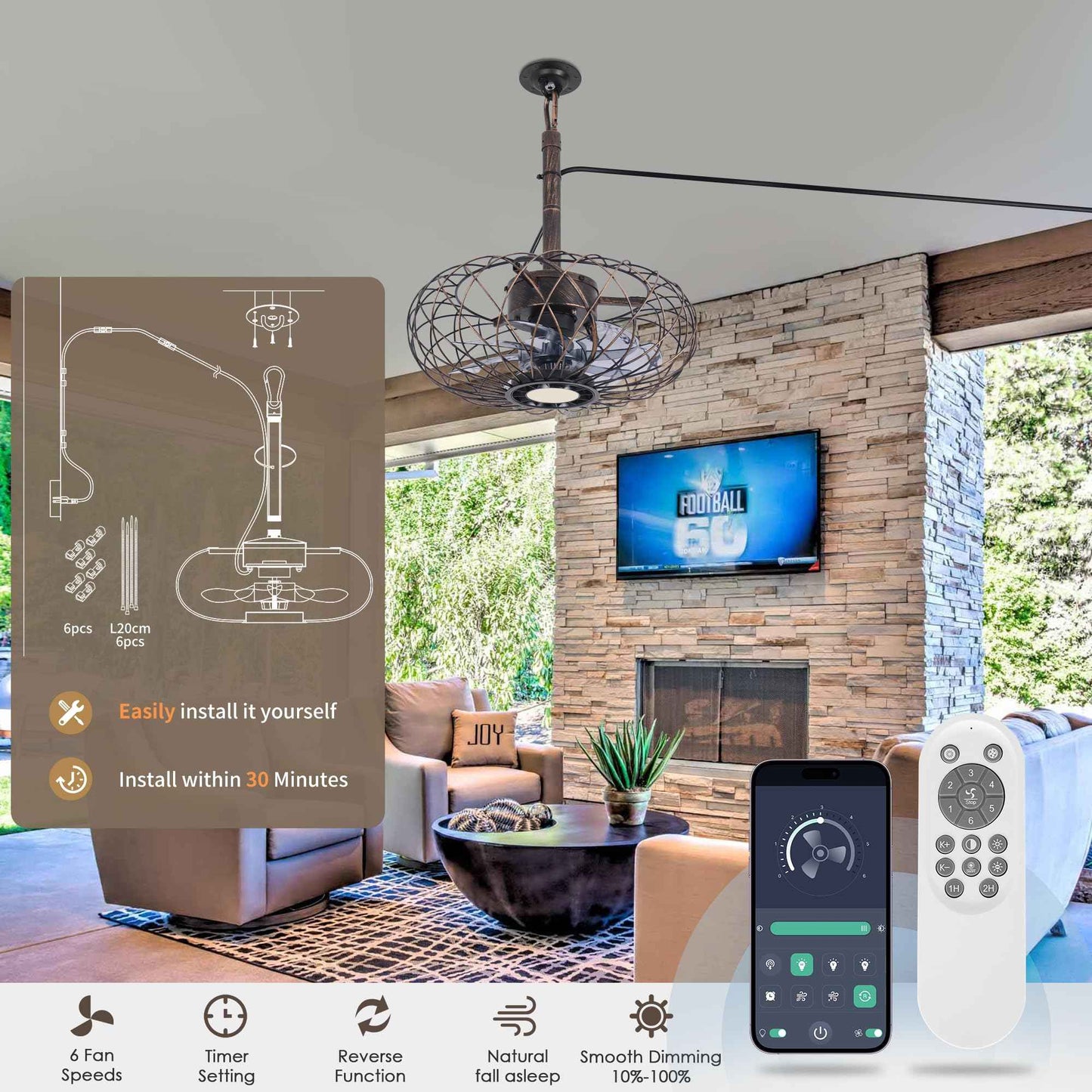 Miuyhji Retro Outdoor Ceiling Fans with LED Light, 15" Waterproof Gazebo Fan Plug in Caged Industrial Fandelier Ceiling Fan with Remote, 6 Speeds Adjustable Height Fan for Bedroom Living Room Pergola