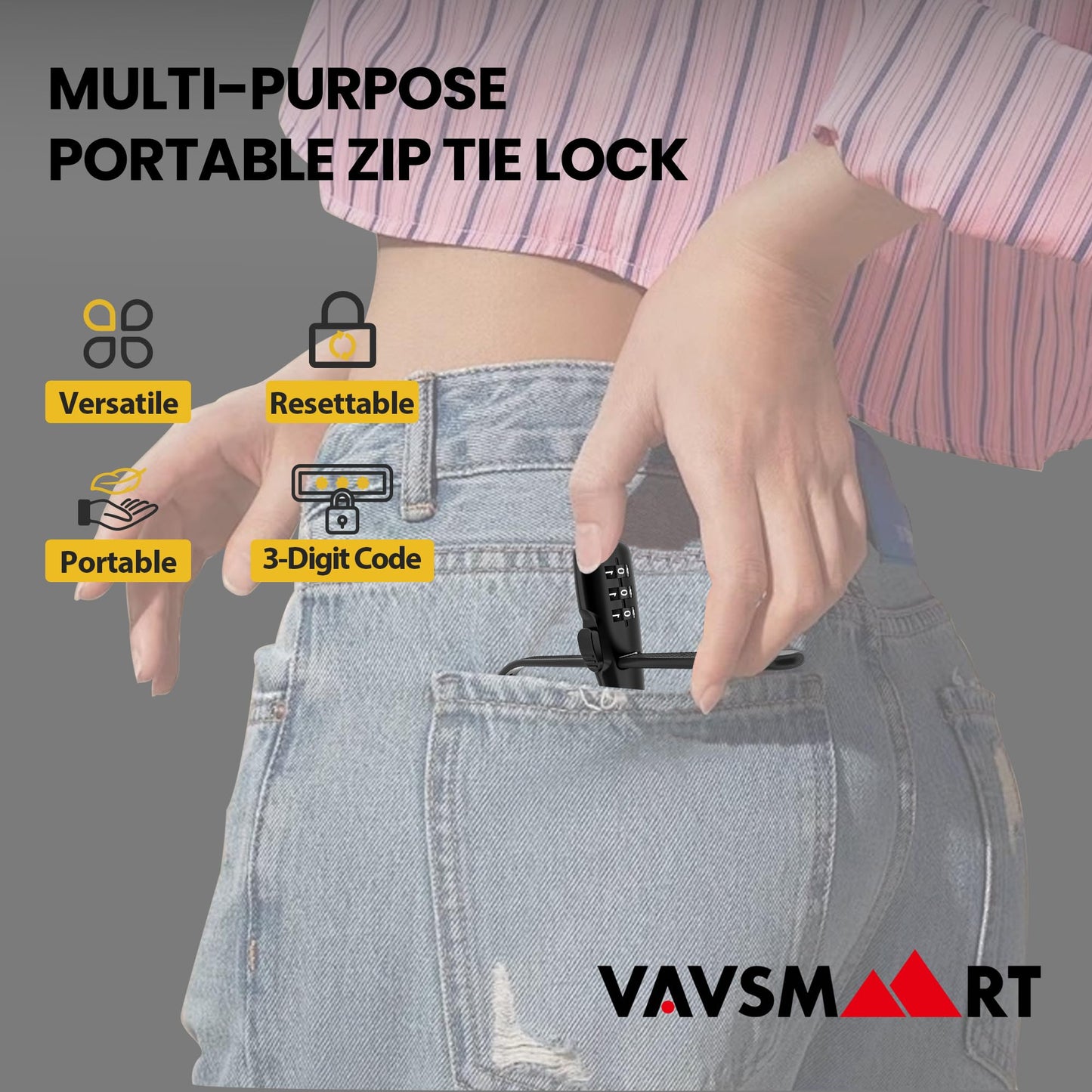 VAVSMART Zip Tie Lock, Adjustable Cable Lock with Combination - Cafe Quick Combo Lock Security for Kids Bike Wheel/Frame, Bicycle, Stroller, Ski, Motorcycle Helmet, Cabinet (1 Pack)