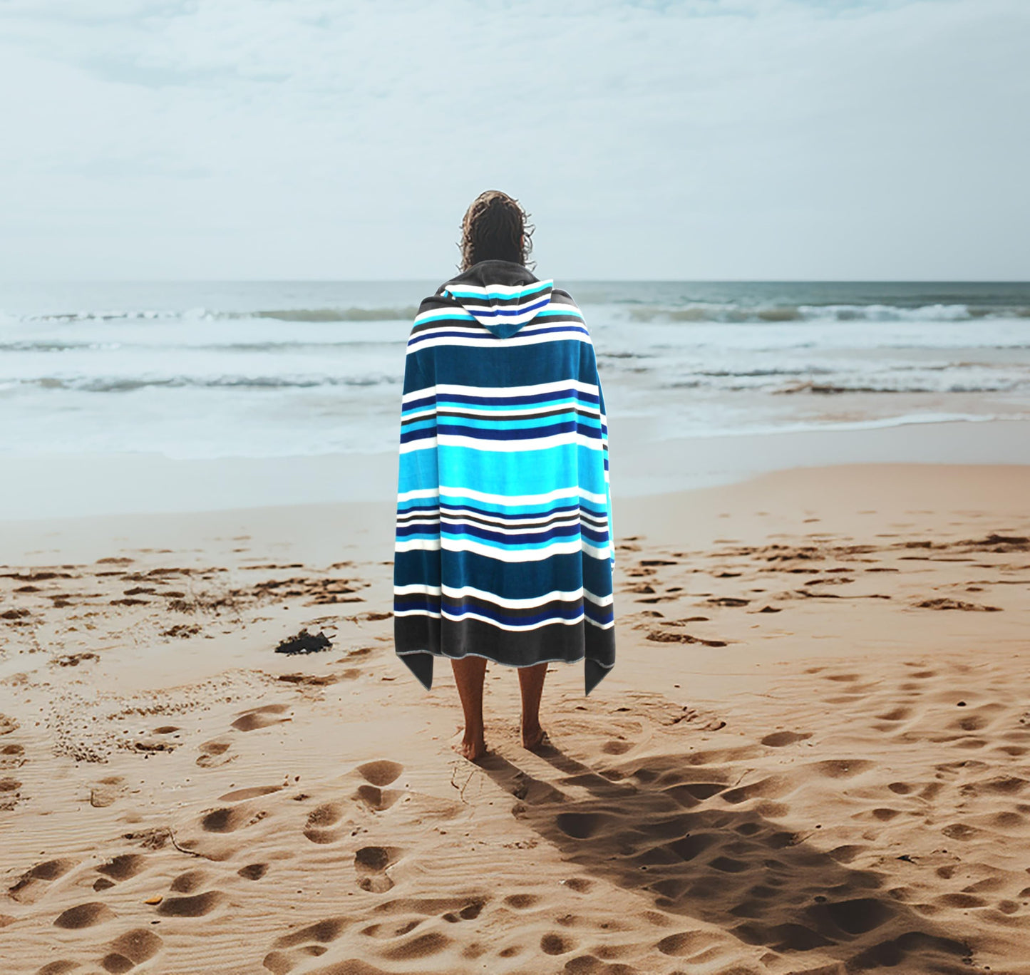 COTTON CRAFT Hooded Beach Towel – Oversized 39 x 68 Towel with Hood for Adults - 100% Ringspun Cotton Velour Terry Towel Stripe Bath Wrap - Super Soft Plush Absorbent Quick Dry – 450 GSM – Cancun Blue
