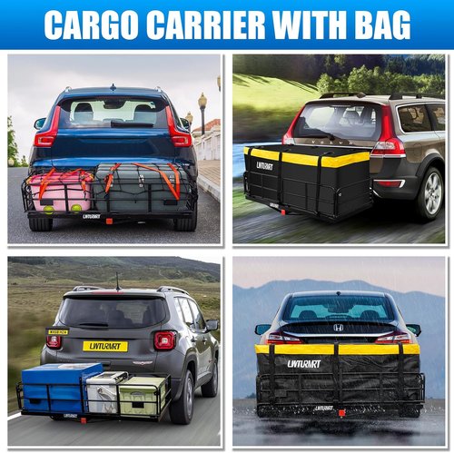 LWTURMRT Cargo Carrier Basket - 58" x 24" Folding Hitch Mount for SUVs | 500LBS Capacity, Black with Bag