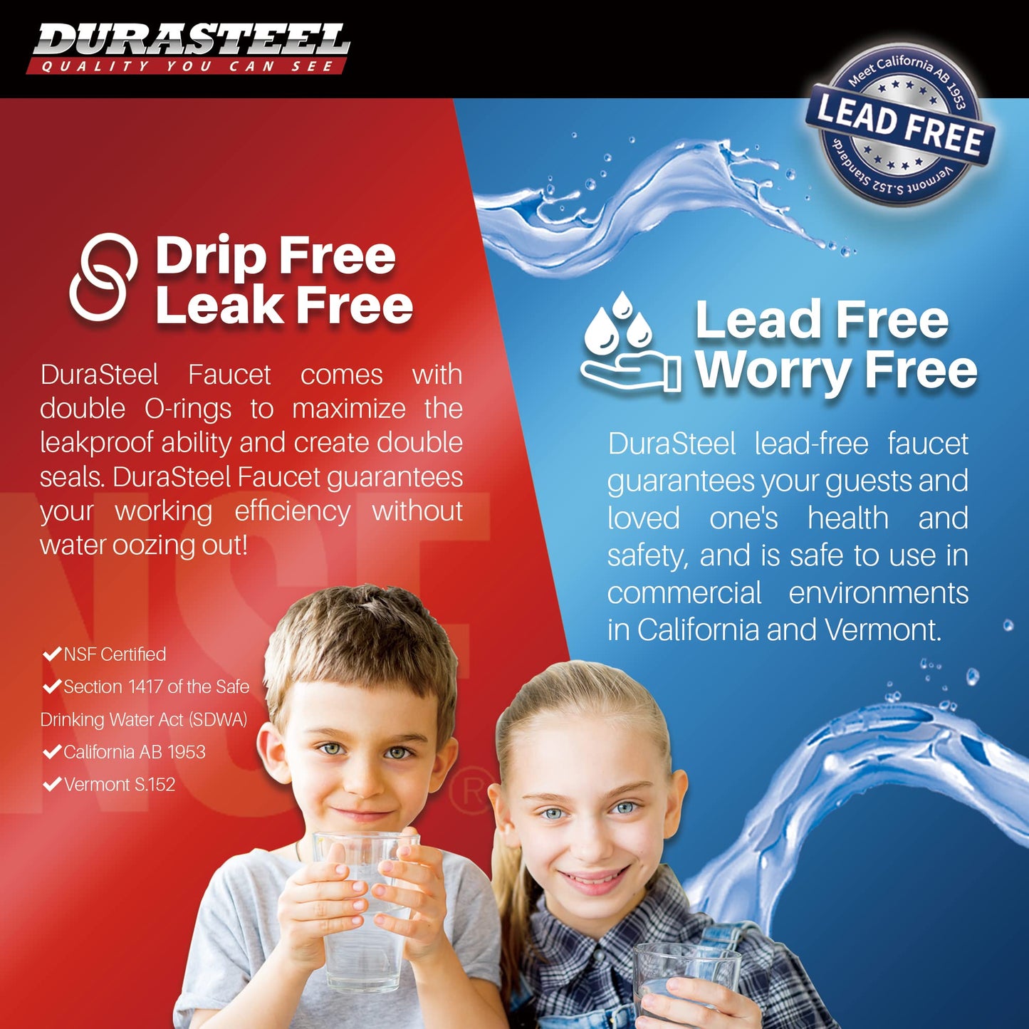 DuraSteel Commercial Kitchen Sink Faucet - No Lead 8" Center Wall Mount Utility Sink Faucet with 10'' Swivel Spout - NSF Certified - Dual Lever Handles - Brass Constructed & Chrome Polished