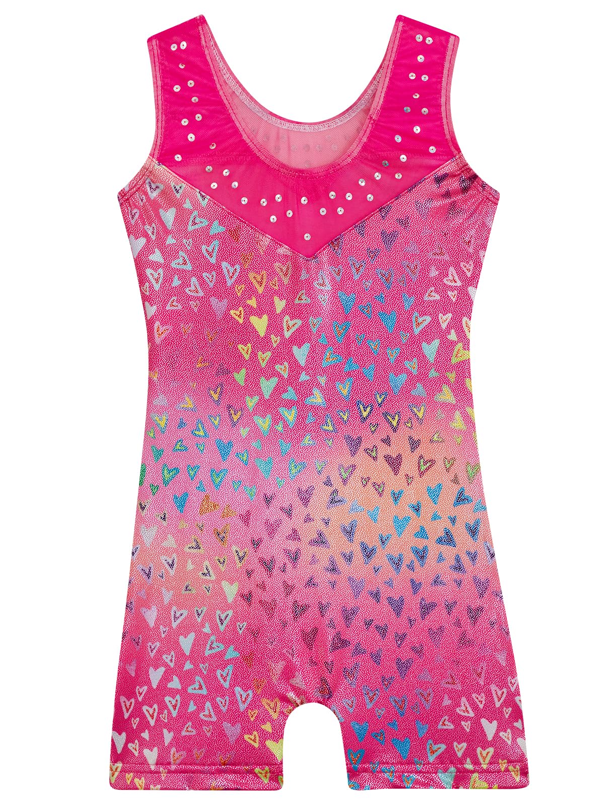 HOZIY Gymnastics Leotards for Girls Mesh Neckline with Iridescent Rhinestones Back Cut Out Sleeveless Size 9-10 Years Love Heart Biketard Shorts Tumbling Outfits Kids Sparkly Shiny