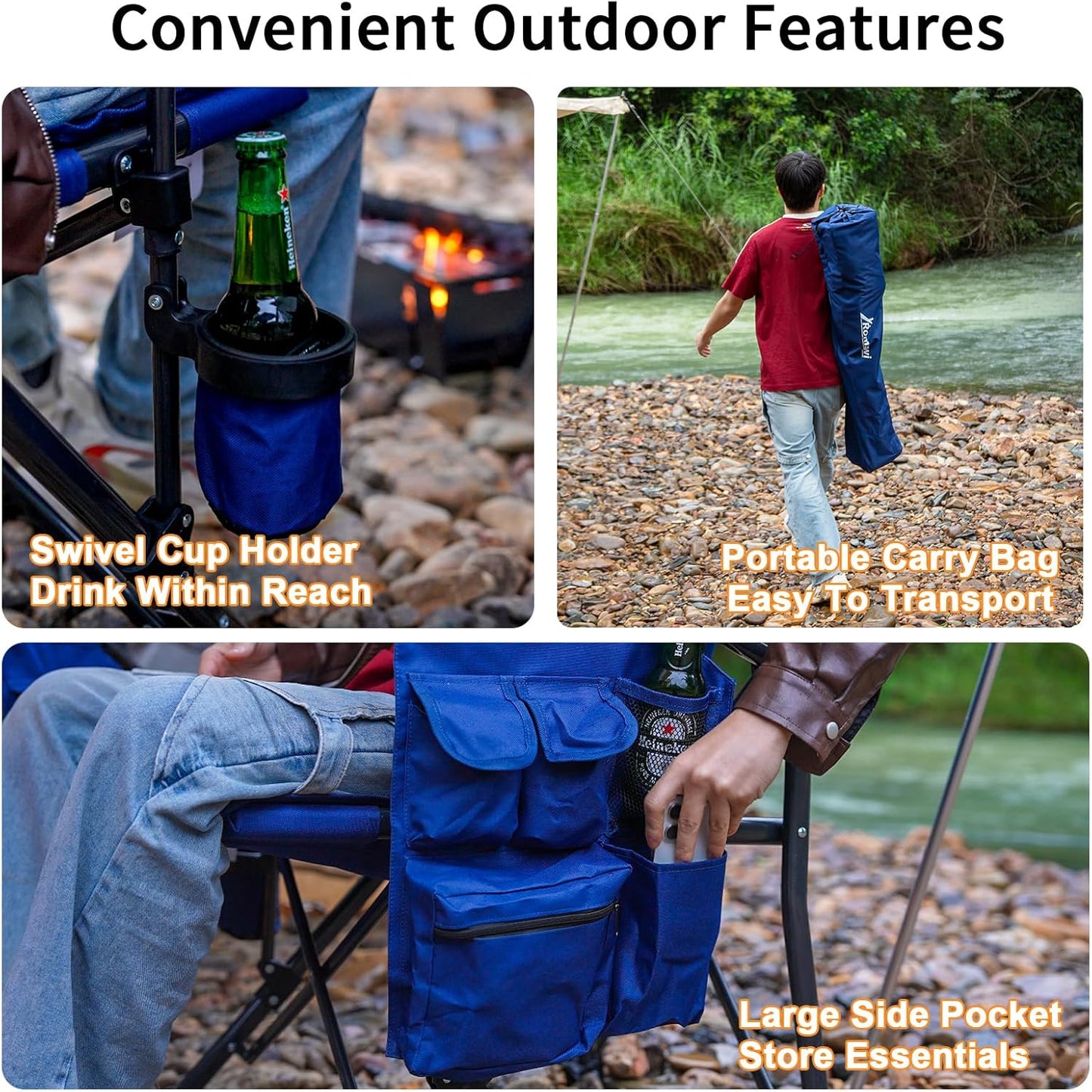 Romswi Heavy Duty Folding Camping Chairs - 500 LBS Capacity, Oversized with Cup Holder & Side Pocket | 2 Pack