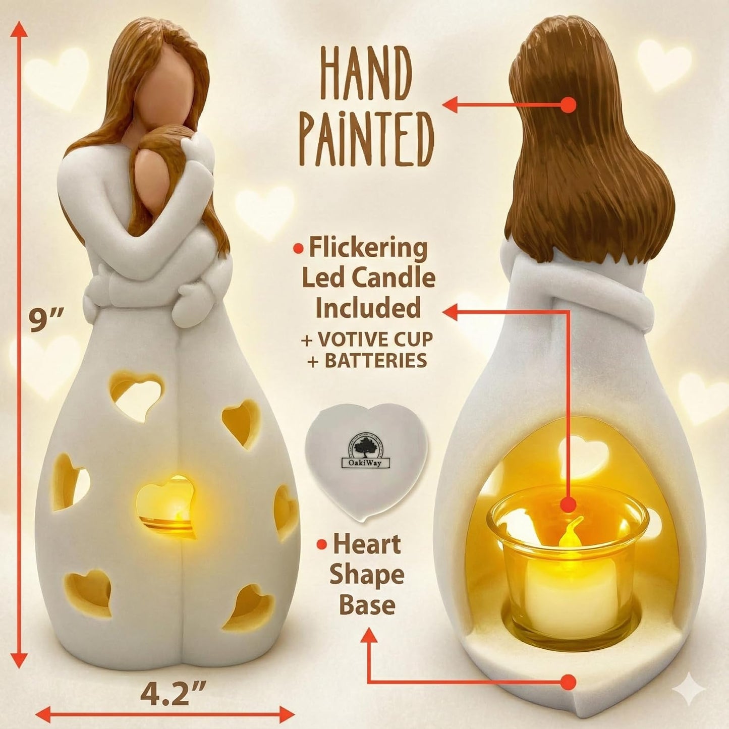 Regine Switzerland | Mother's Day Candleholder Statue with Flickering LED Light - Unique Gift for Mom | Seasonal Home Décor (Light Brown)
