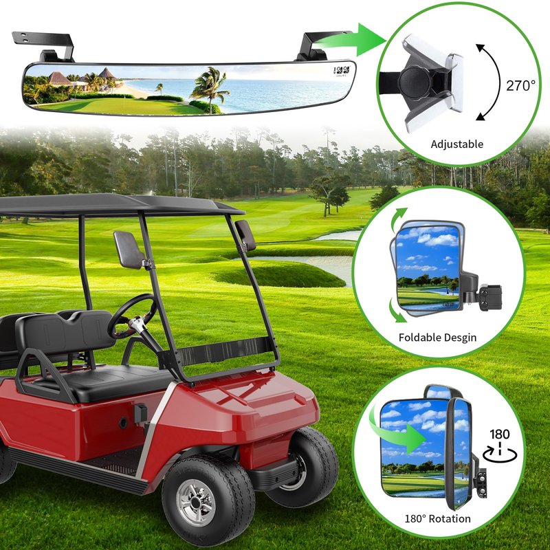 10L0L Golf Cart No-Drill Folding Side Mirrors + Easy-Drill Rear View Mirror, 170° Wide Angle, Universal for Yamaha EZGO Club Car, Shatterproof Stainless Steel