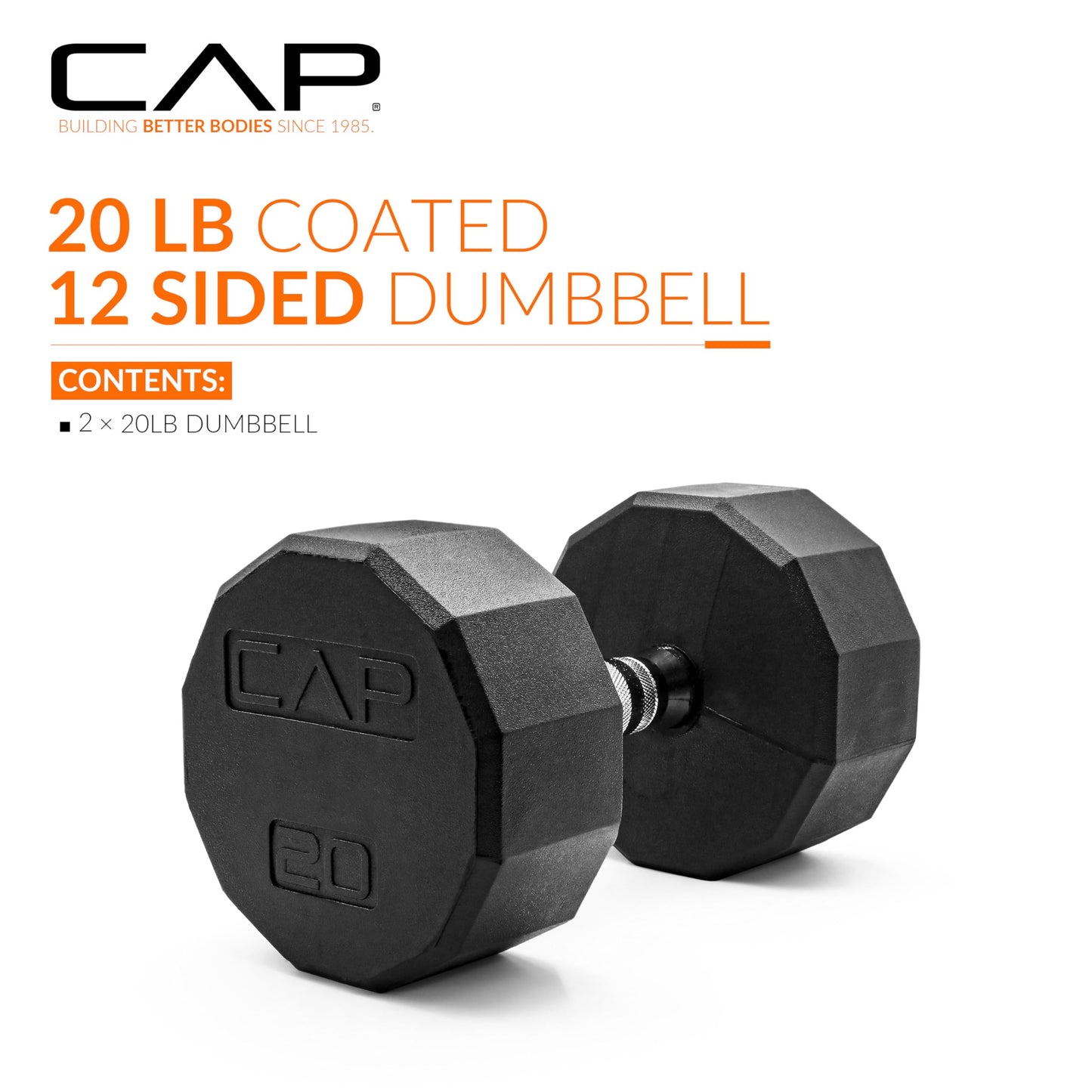 CAP 20 LB 12-Sided Rubber Coated Dumbbell Weight, Rubber Free Weights for Home Gym Strength Training, Chrome Handle, Pair
