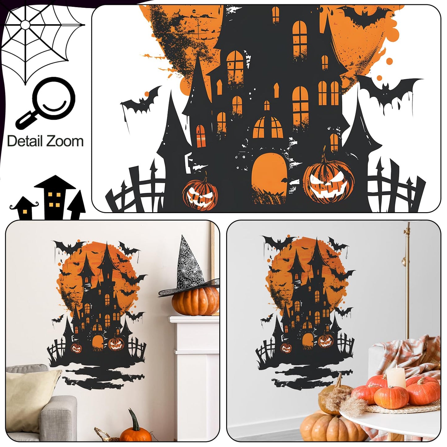 DRWSSR 2 Sheets Halloween Wall Stickers: Removable Bats Moon Pumpkin Wall Art DecalStickers - Peel & Stick for Indoor DIY Wall Art