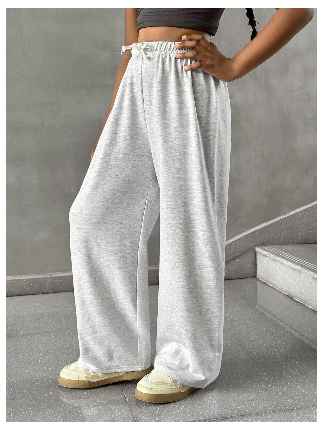 RoseSeek Girl's Sweatpants Drawstring Waist Wide Leg Pants Casual Athletic Trousers Baggy Workout Summer Pants Grey 12 Years