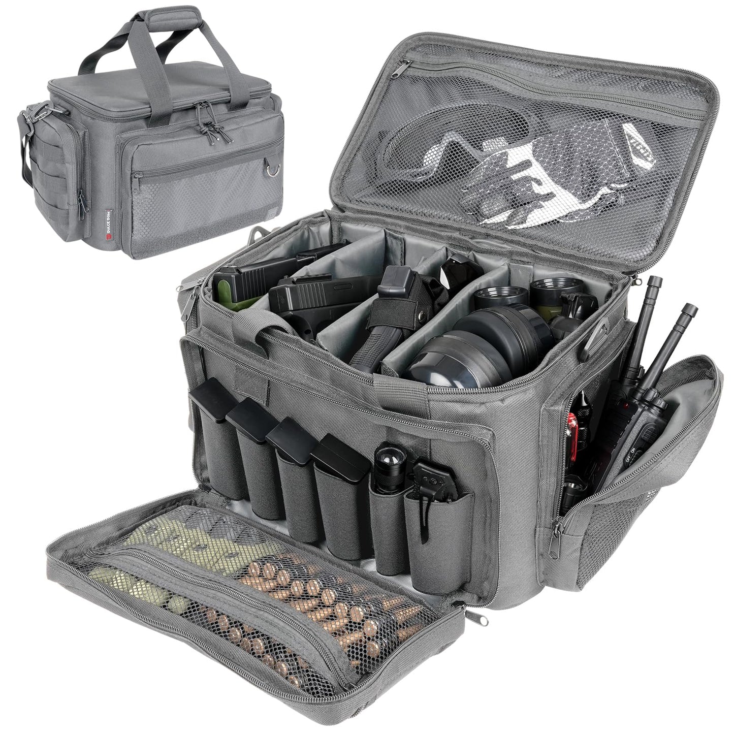 DULCE DOM Tactical Gun Range Bag for Handguns & Pistols - Lockable Compartment, Ammo Storage, Magazine Slots, Durable Range Essentials Bag (GREY)