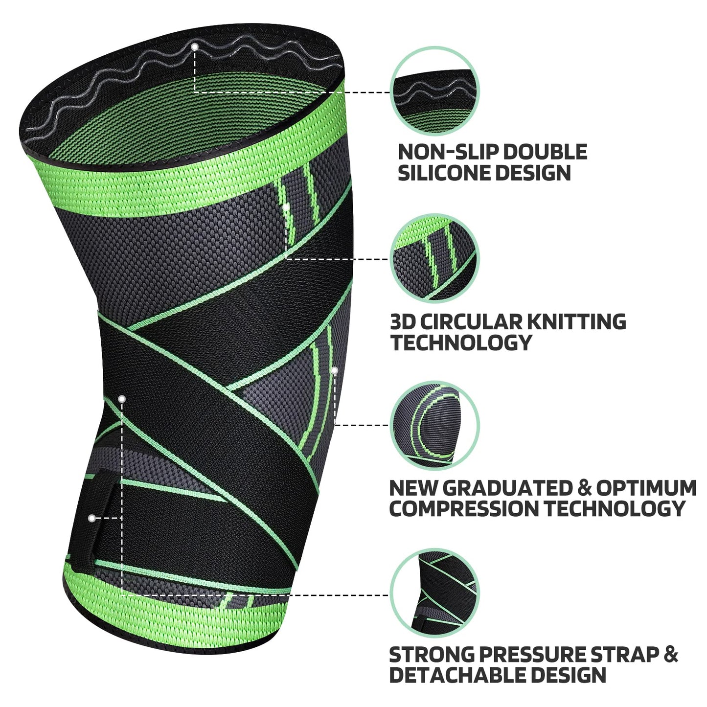 ZJMQJ Knee Brace with Straps for Women/Men, Knee Compression Sleeve for Knee Pain, Arthritis, ACL, PCL, Meniscus Tear, Joint Pain Relief. Knee Support for Running, Workout, 1 pcs (Green, L/XL)