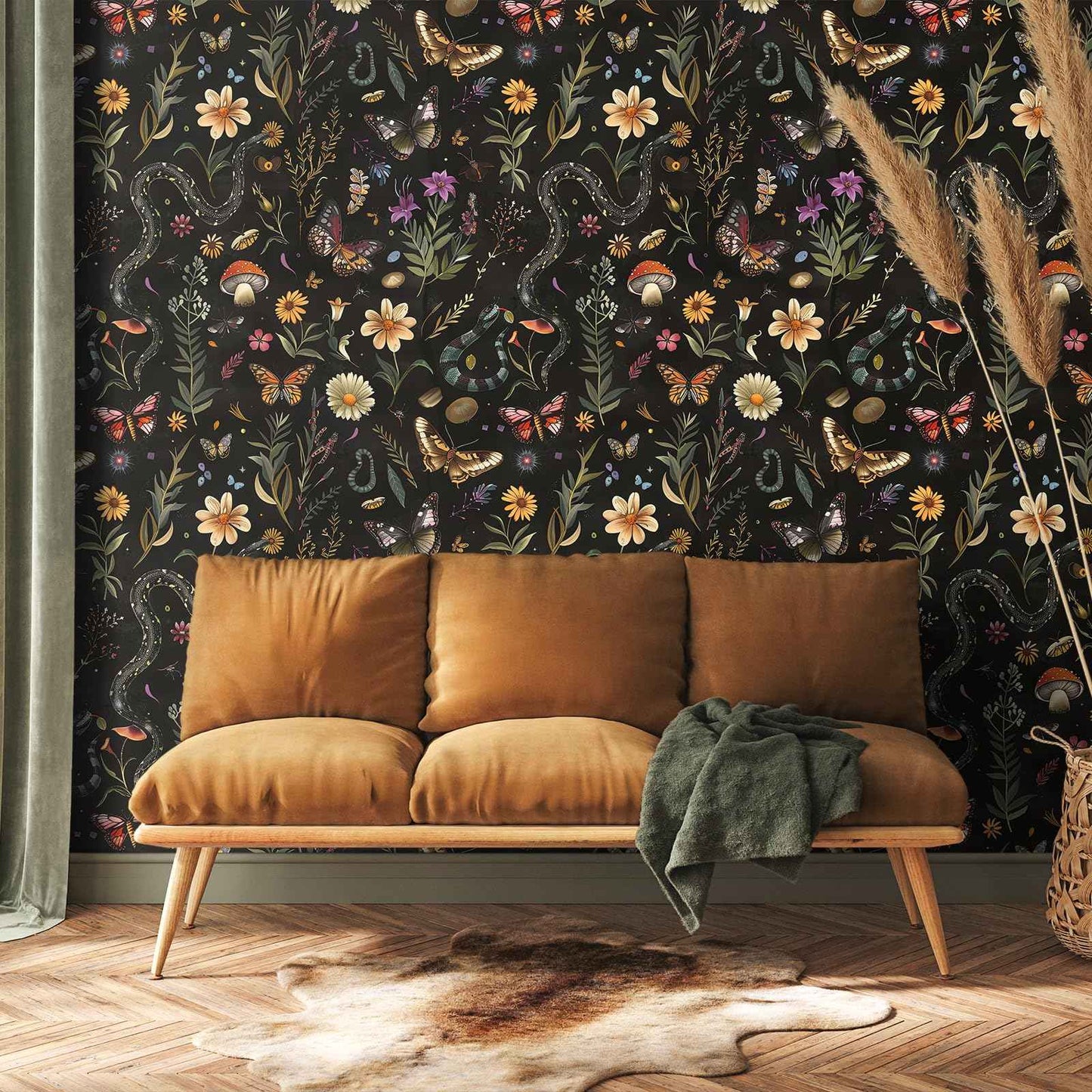 VEELIKE Midnight Forest Wallpaper Peel and Stick Snake Butterfly Floral Wallpaper for Bedroom Bathroom 17.7''x118'' Black Botanical Wall Mural Removable Self Adhesive Floral Contact Paper for Cabinets