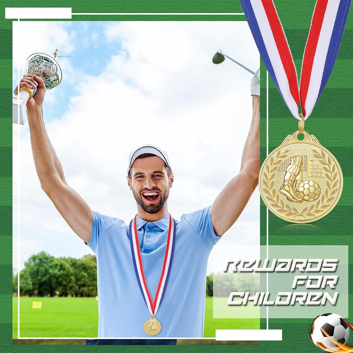 Yinkin Soccer Medals Set - 24 Gold Participation Trophies with Red, White & Blue Ribbons | Perfect for Sports Teams