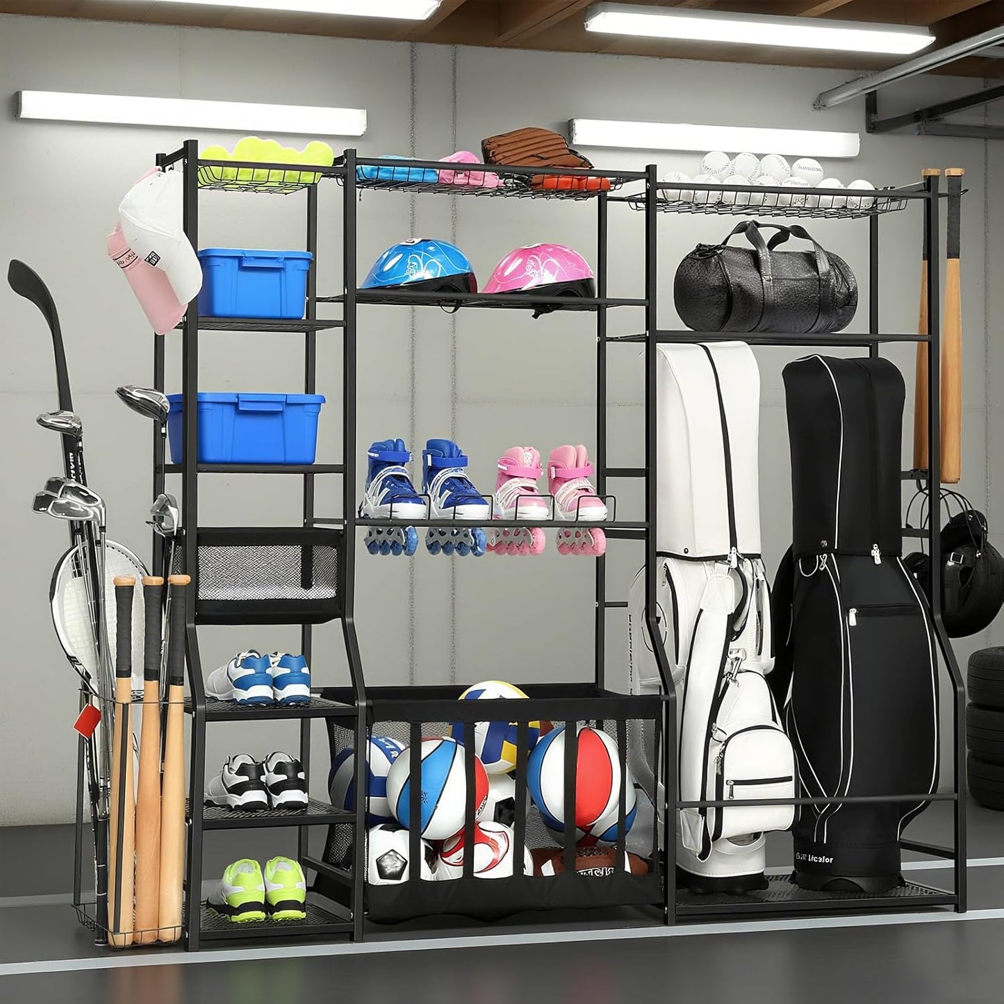 Skiennix Large Garage Sports Equipment Organizer - Upgraded Rack for Golf Bags & Balls | Indoor/Outdoor Storage Solution