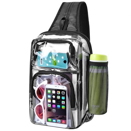 Busiuw Clear Backpack Stadium Approved with Adjustable Reinforced Straps, 3 in 1 Clear Crossbody Bag for Festivals and Games (Plus size)-Black