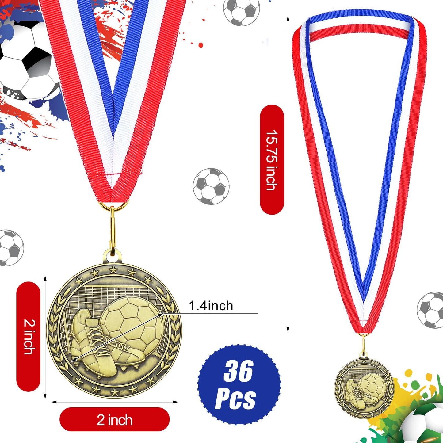Equsion 36 Pcs 2'' Gold Medals Bulk Volleyball Football Basketball Soccer Baseball Archery Dink Ball Cheer Track Bowling Awards Medals with Ribbons for Sports Participation Winner Gift(Soccer)