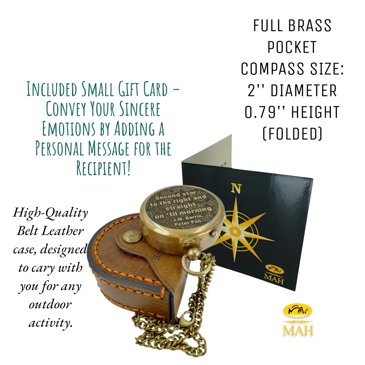 Brass Compass with “Second Star to the Right” Embossed Dial – Inspirational Pocket Compass Gift for Son, Daughter, or Friend | Motivational Keepsake for Graduation, Birthday, Christmas, or Travel gift