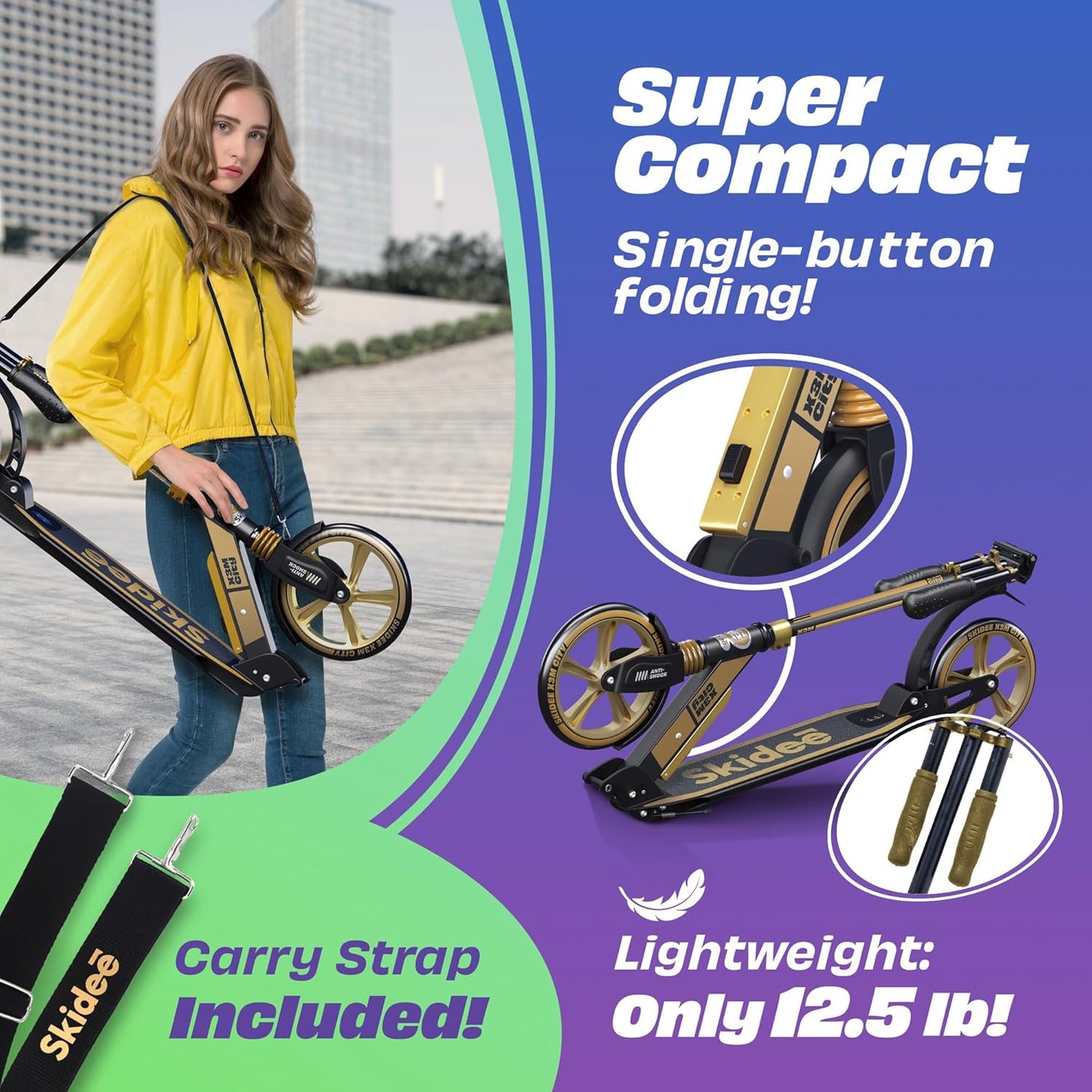 Skidee Adult & Teen Scooter - Adjustable Height, Lightweight & Durable with Large Wheels | Anti-Shock Suspension, 220 lbs Capacity