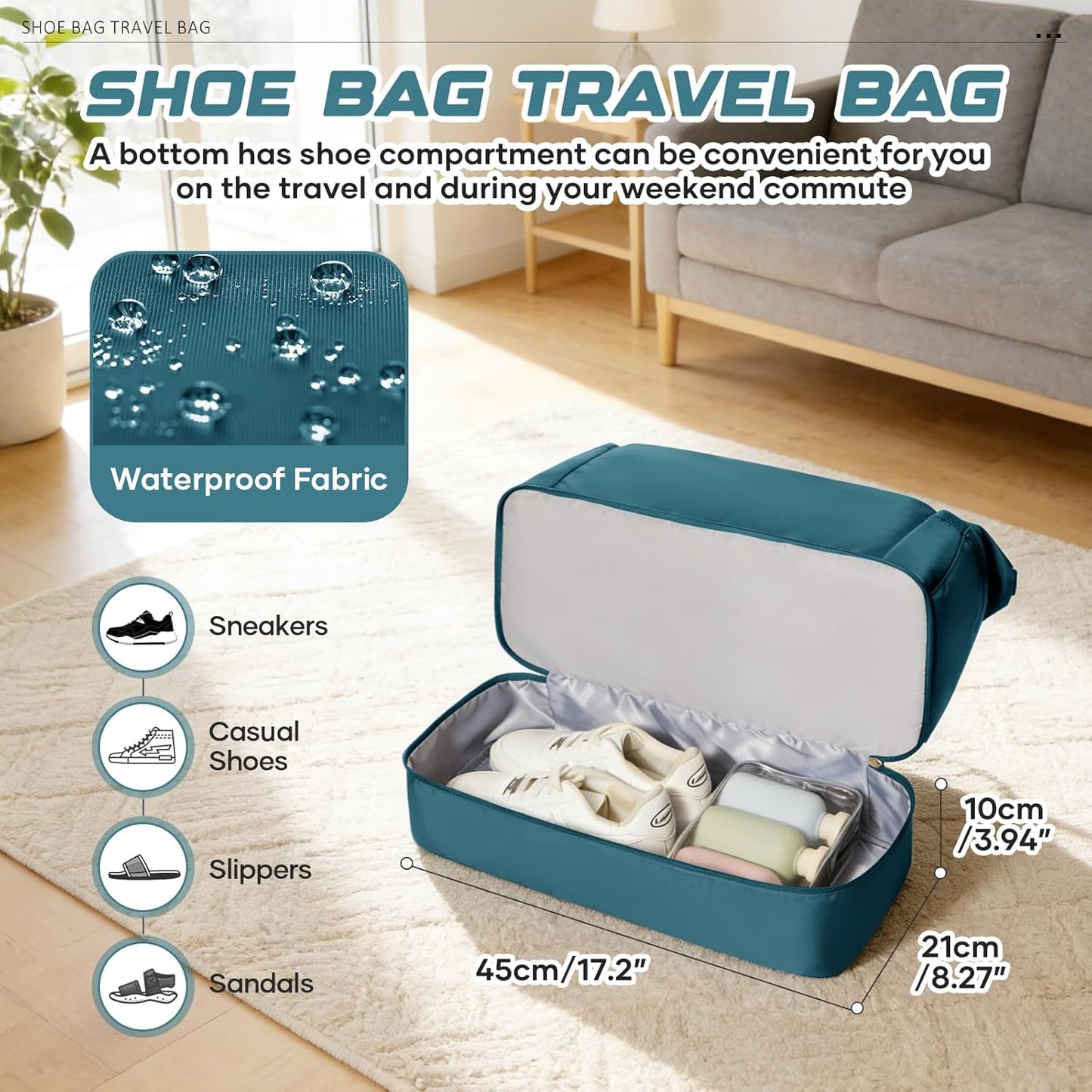 Skiennix Travel Duffel Bag - Large Waterproof Weekender with Shoe Compartment & Trolley Sleeve - Peacock Blue