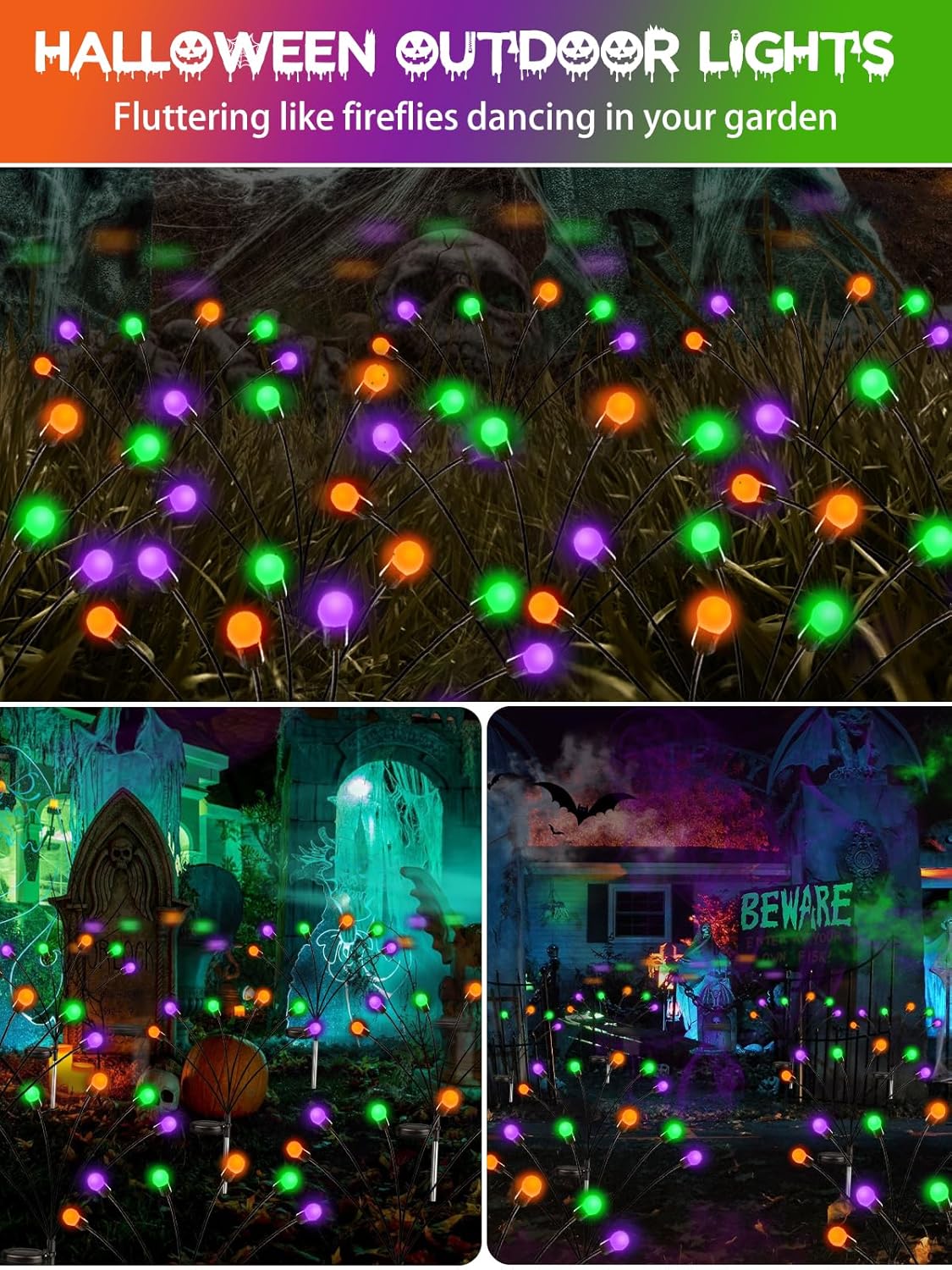 Solar Halloween Pathway Lights - 6 Pack Waterproof Firefly Decor in Orange, Purple & Green