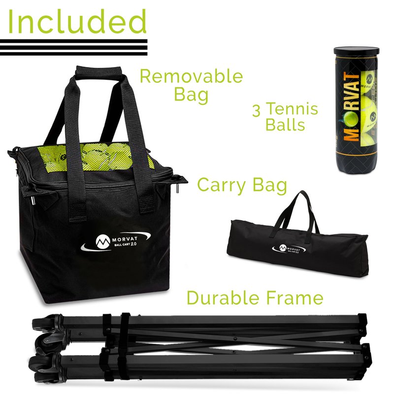 Morvat Tennis Ball Cart 2.0 with Replacement Bag, Portable & Lightweight, Foldable Frame, 1 Year Warranty