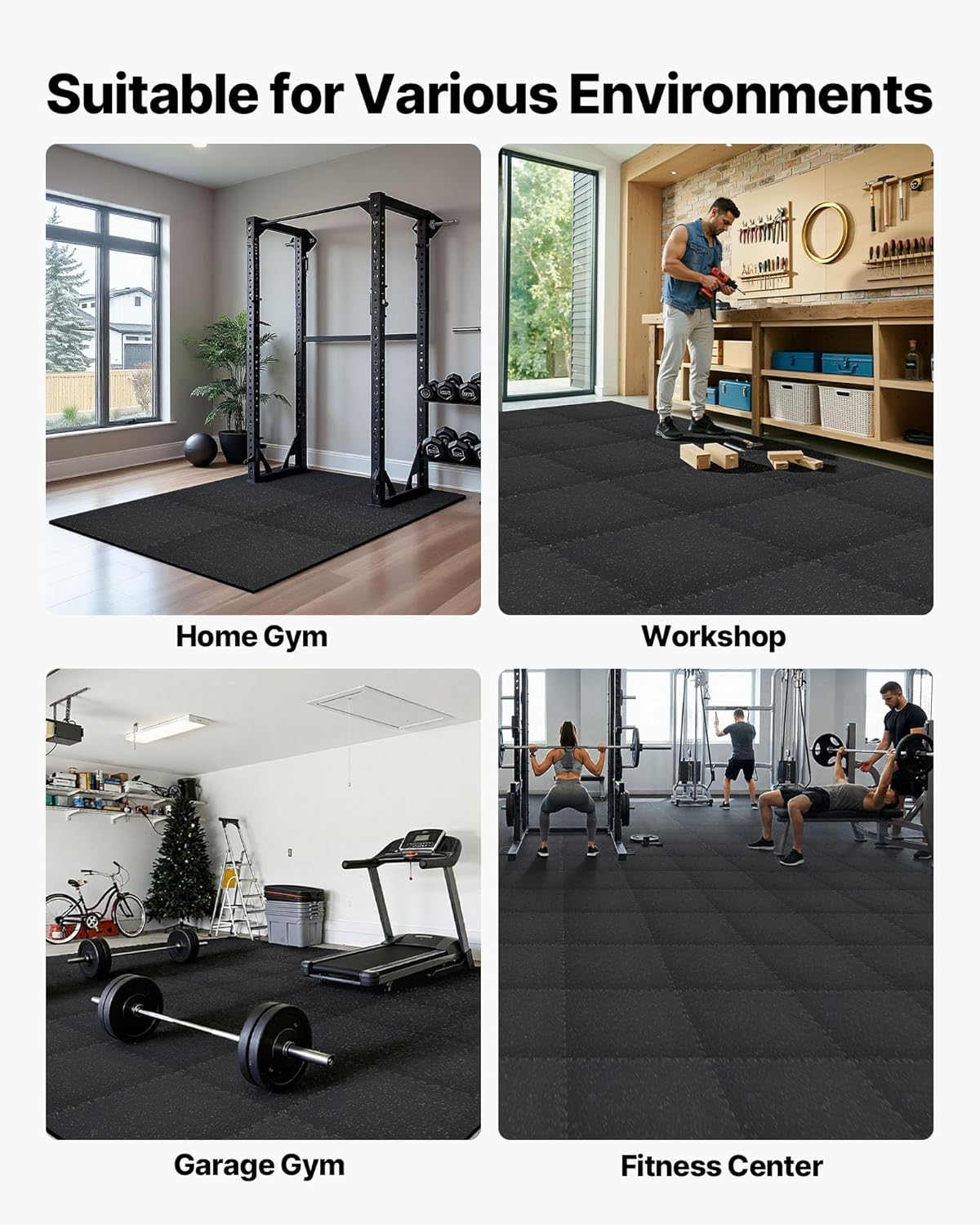 VEVOR Gym Flooring Tiles - 0.56 Inch Thick, High-Density EVA Foam, 24 x 24 Inch, Black & Gray, 96 sq.ft