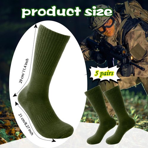 Skyebed 5 Pairs Military Green Socks Army Crew Sock Military Boot Socks for Men Women Working Outdoor (US, Alpha, One Size, Regular, Regular, Green Thickened Style)