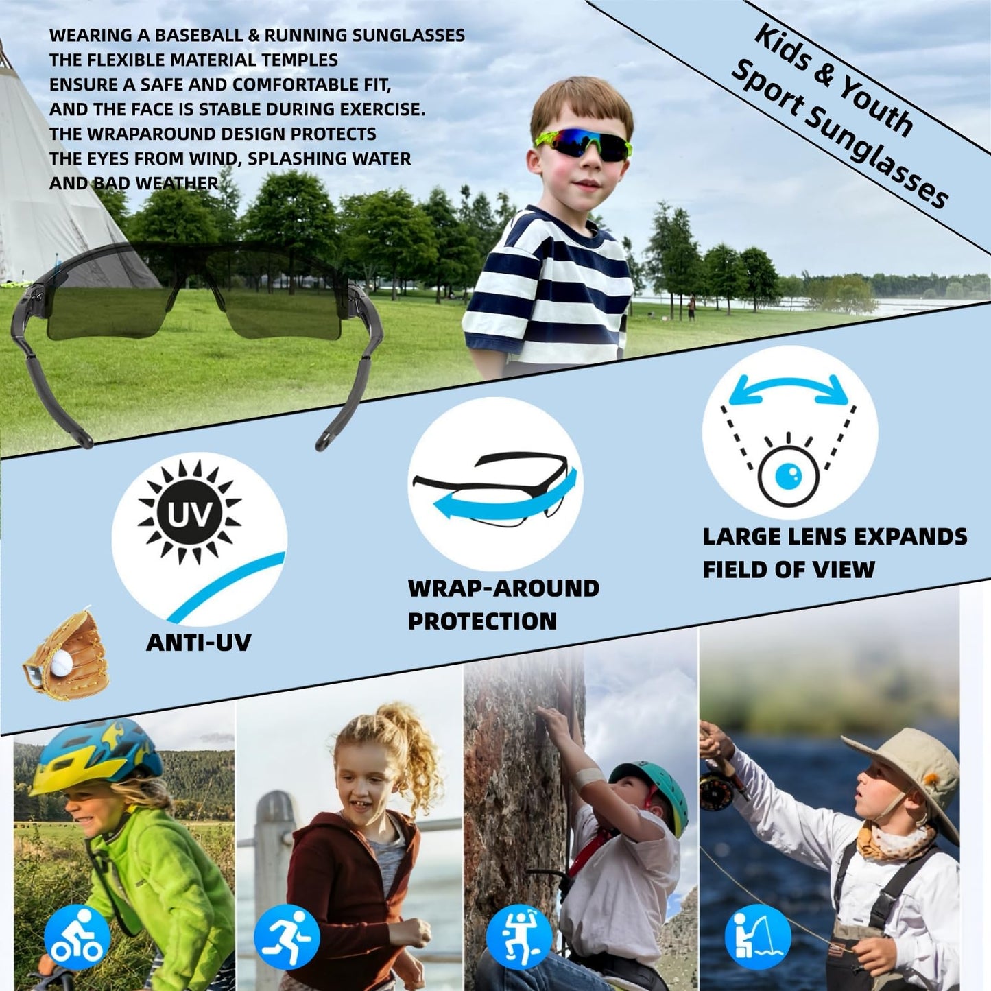 YIZHAOOUS 2PACK Kids Sports Sunglasses for Youth Baseball,Lightweight frame Boys Sunglasses for Cycling Golf Girls Softball Age 3-12(White Frame/Blue Lens+White Orange)