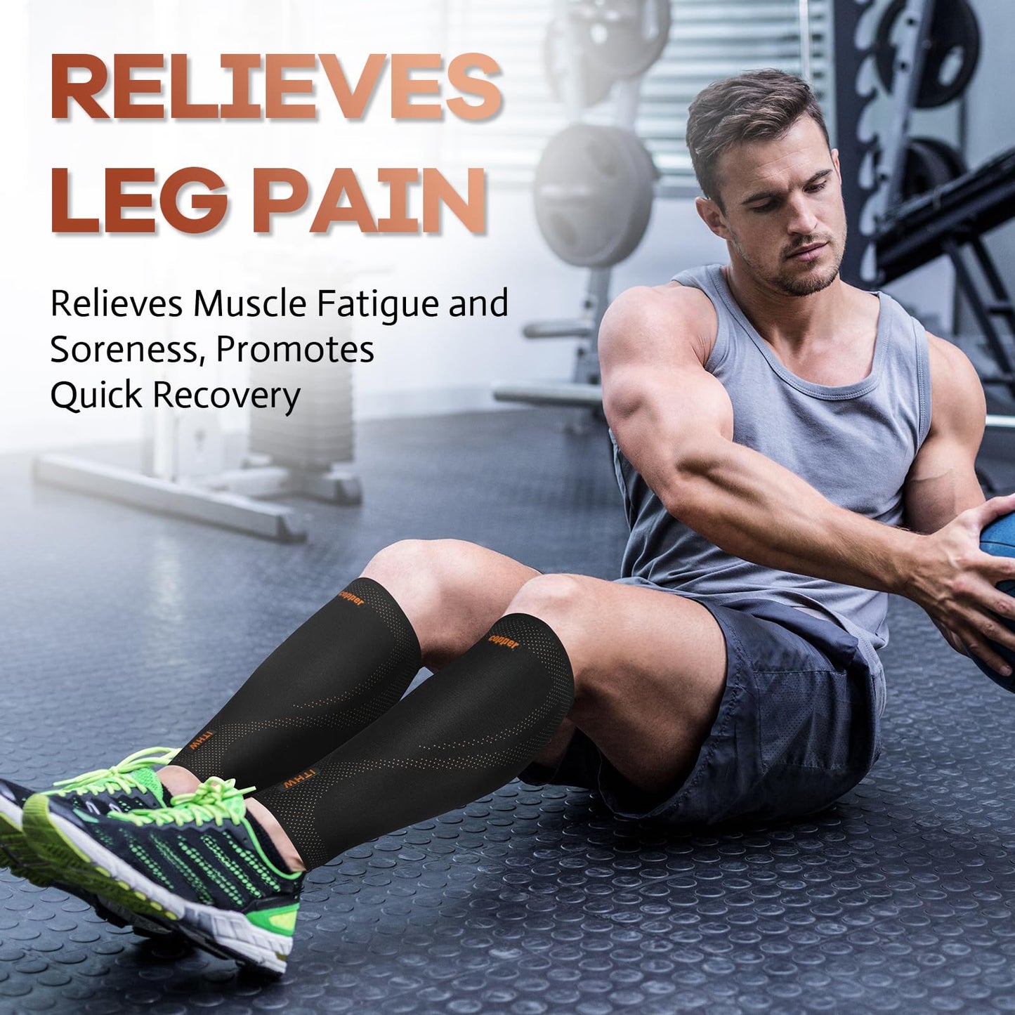 Copper Calf Compression Sleeves for Men & Women - High Stretch Graduated Compression with Anti-Slip Grip | Breathable & Smooth Lining Footless Design for Runners, Shin Splints, Leg Fatigue & Travel (1 Pair)