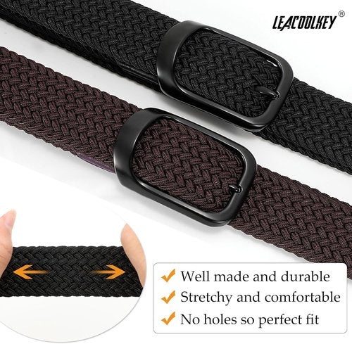 LEACOOLKEY Stretch Belts for Men - Elastic Woven Braided Design | 2 Pack Casual Golf Belts for Jeans