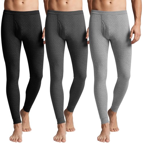 August Alley 3 Pack Men's Waffle Thermal Bottom Long Underwear Johns Soft Base Layer(Black, Dark Gray, Gray,Large)