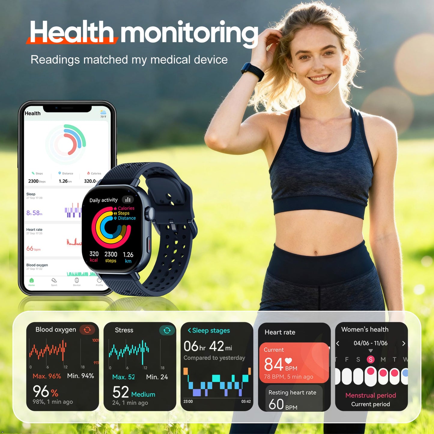 moutarlier 2026 Distance & Pace GPS Running Watch for Runners - Call & Text, AMOLED Large Screen, 50m Waterproof Swimming, Calorie & Step Counter, 2 Bands, Long Battery, for Seniors Men Women（Blue）