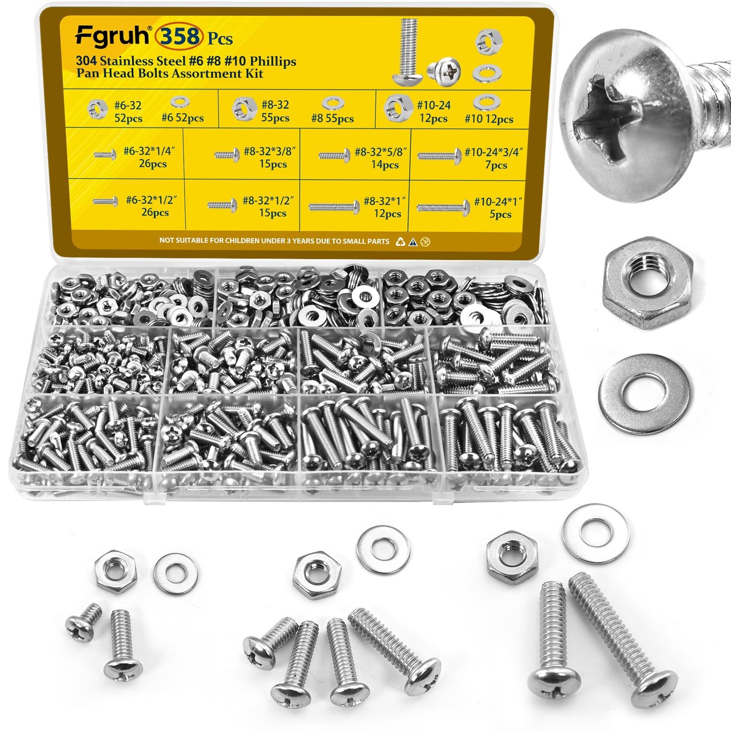 Fgruh 358PCS Machine Screws and Nuts Assortment Kit, #6-32#8-32#10-24 Phillips Pan Head Bolts Assorted, 304 Stainless Steel Nuts Bolts and Flat Washers Set