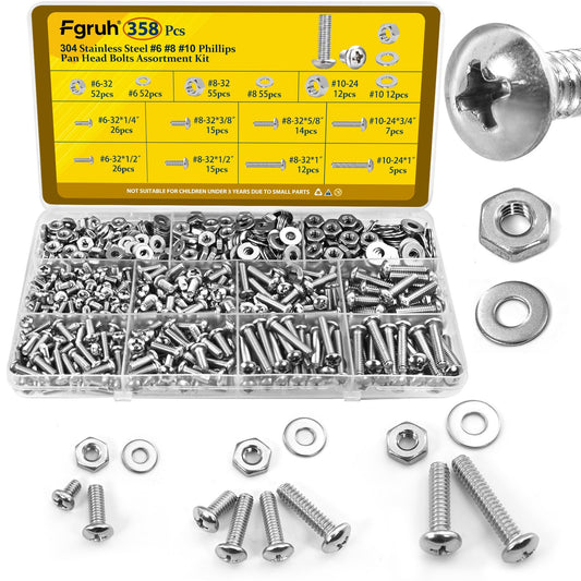 Fgruh 358PCS Machine Screws and Nuts Assortment Kit, #6-32#8-32#10-24 Phillips Pan Head Bolts Assorted, 304 Stainless Steel Nuts Bolts and Flat Washers Set