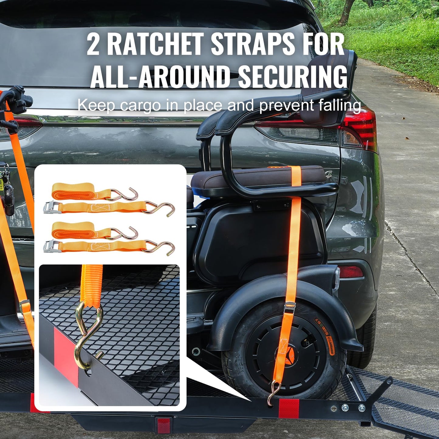 VEVOR Hitch Mount Wheelchair Carrier, 500LBS Mobility Scooter Carrier with Folding Ramp, Iron Trailer Hitch Rack Basket with Stabilizer, Straps, Fit 2" Hitch Receiver for SUV Van Car, 45.3" x 25.6"