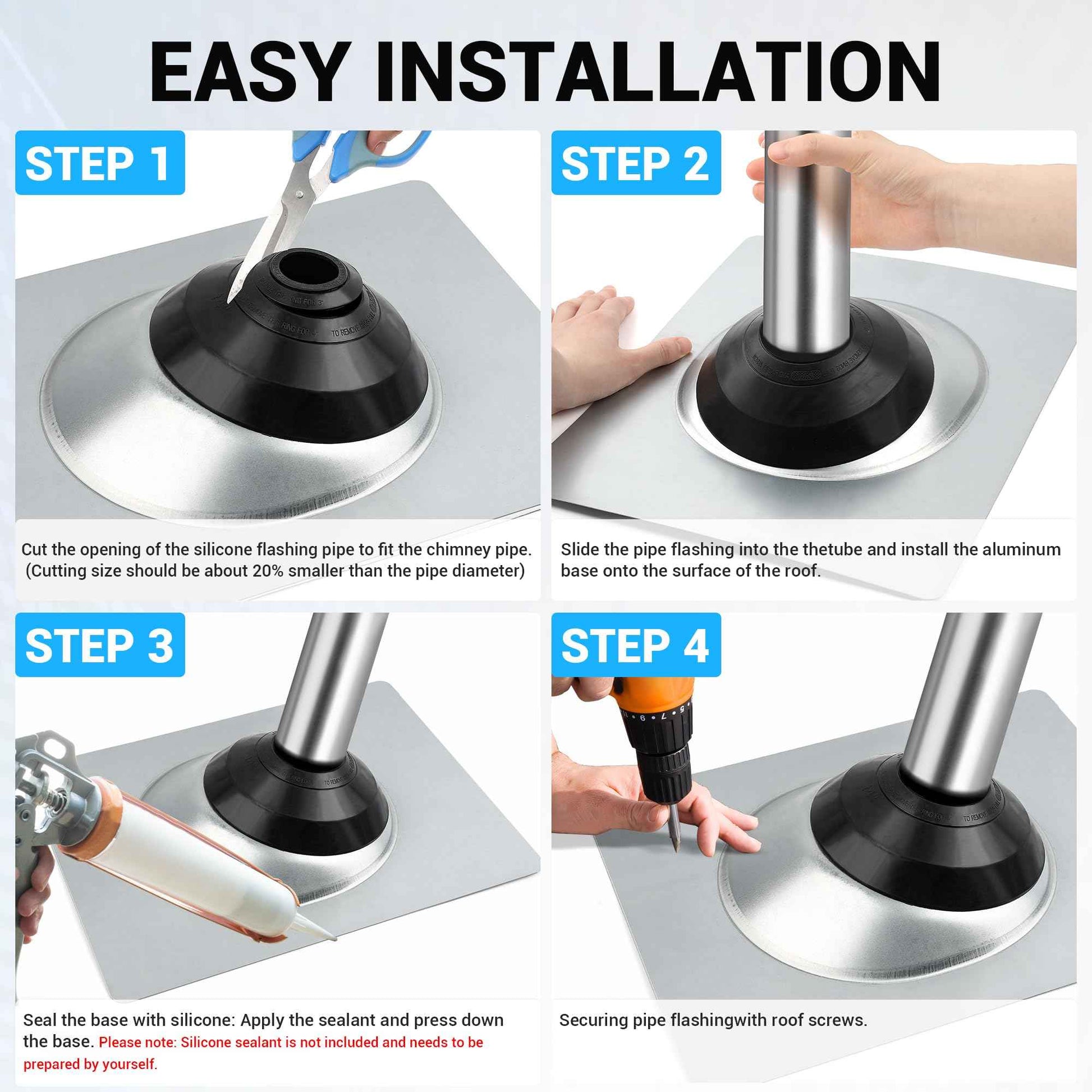Aothotop Metal Roof Pipe Flashing, Base 12" W x 15" L Roof Flashing, Pipe OD 1.5"-4", Silicone Pipe Flashing Boot, High Temp Flexible Roof Pipe Boot
