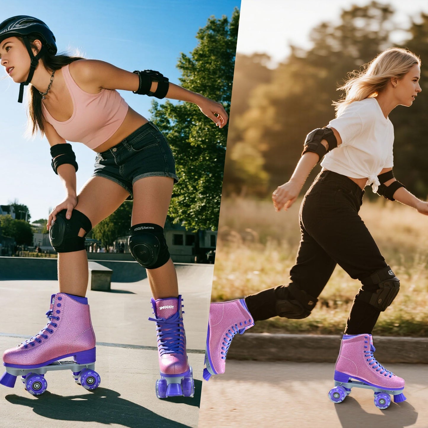 SMOOJOY Roller Skates for Women Girls High Top PU Adult Derby Quad Purple Red Skates Shoes Outdoor Shiny Double-Row Four Wheels Light Up Leather Rollerskates for Ages 8-50 Indoor