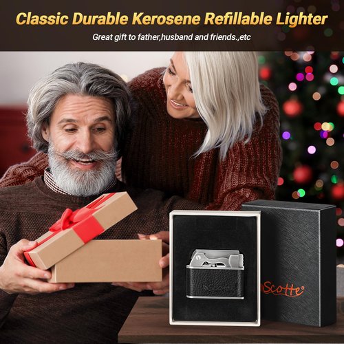 Scotte Vintage Kerosene Lighter, Windproof Soft Flame, Metal and Leather Trench Lighter, Fluid Refillable Pocket Lighters, Easy to Carry and Use, Gift for Father Husband