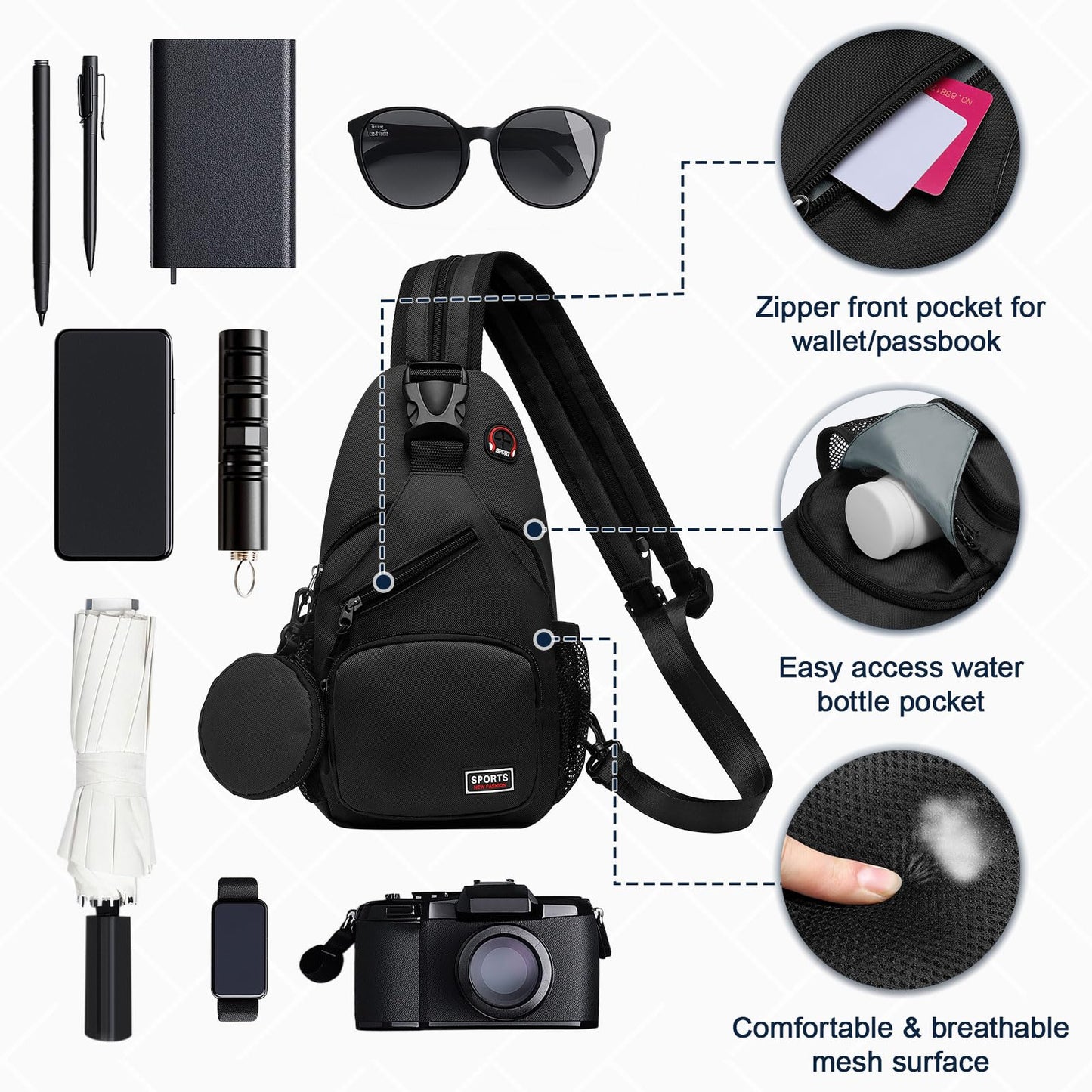 SUIKIHUM Convertible Sling Bag with Coin Pocket, 7.9" Tablet Crossbody Mini Backpack with Headphone Jack Casual Pack for Women Men Travel, Black