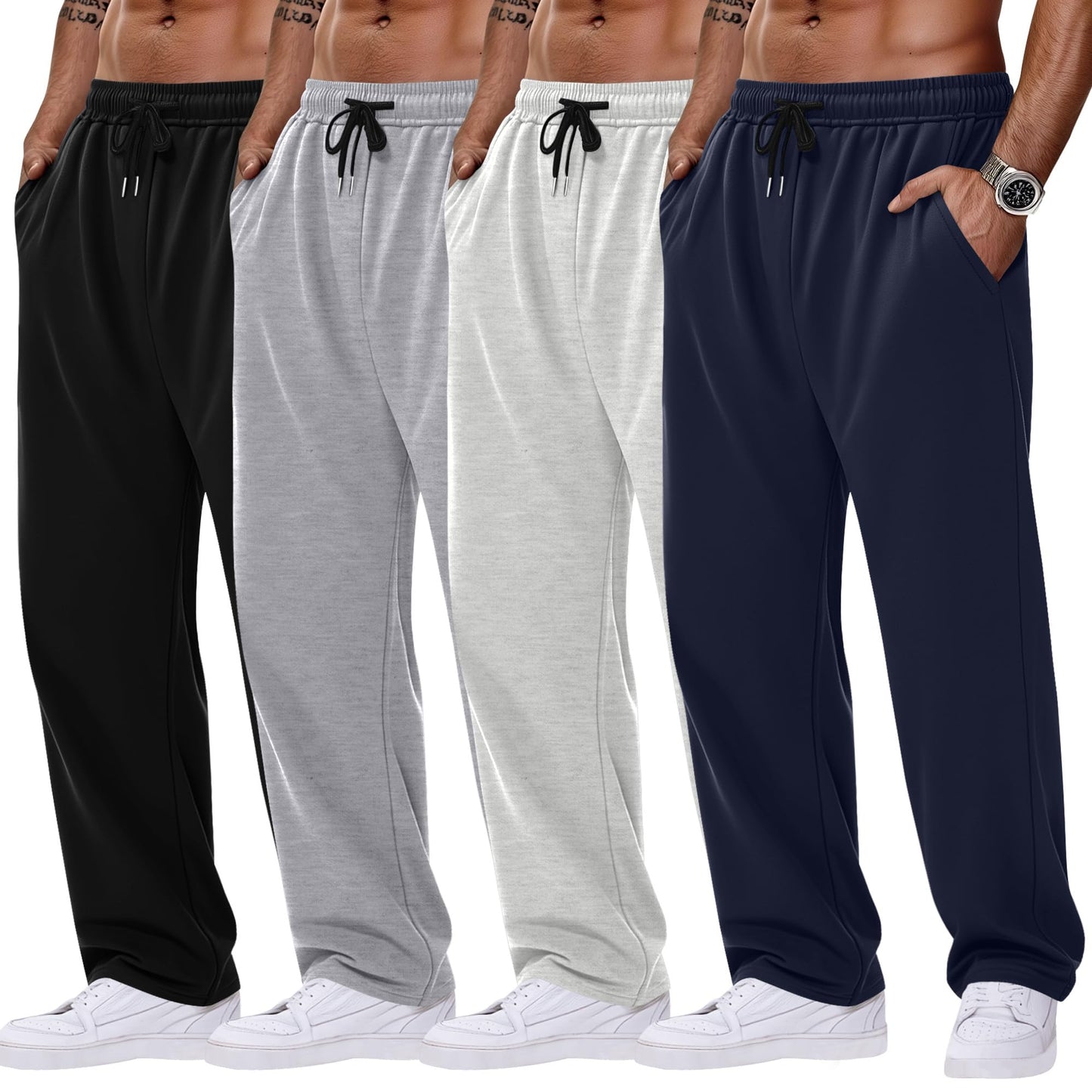 August Alley 4 Pack Men's Sweatpants Open Bottom with Pockets Drawstring Athletic Lounge Joggers Baggy Workout Pants(Black, Navy Blue, Twilight Gray, Heather White,Medium)