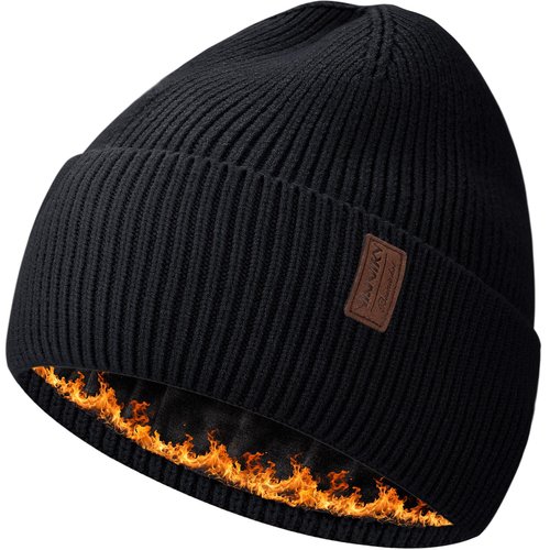 Fleece Lined Winter Beanie for Men Women Warm Windproof Beanies Hats Thick Knit Winter Hat for Cold Weather Black
