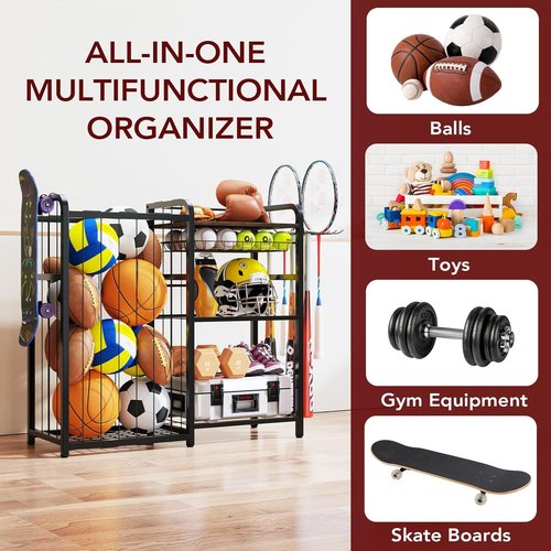 Homsorout Sports Equipment Organizer - Large Capacity Ball Storage with Hooks & Baskets