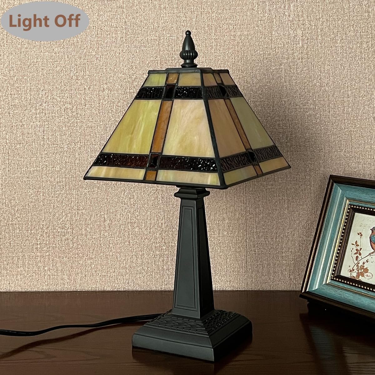 COTOSS Tiffany Table Lamps,Small Handcrafted Stained Glass Accent Table Light,Amber Mission Style Antique Desk Lamp for Bedroom Living Room Home Office