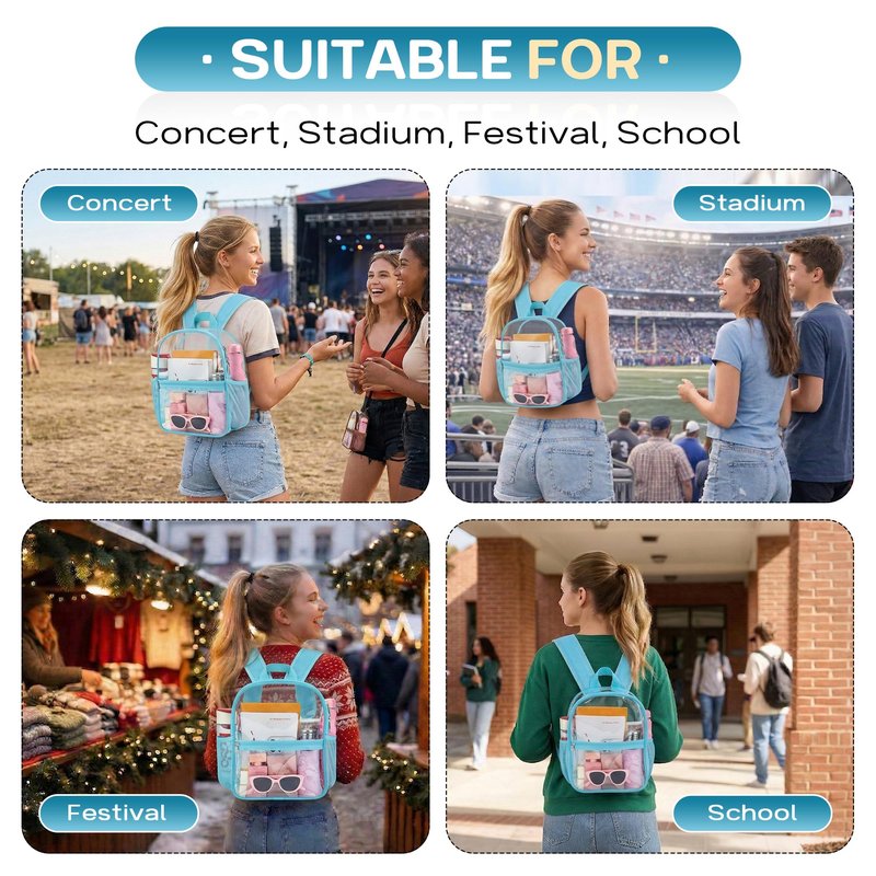Oraben Clear Backpack for Stadium Events, Stadium Approved 12 x 6 x 11, Small Clear Backpack for Concerts School Works, Fast Security Check, Waterproof PVC, Adjustable Straps, Women Men