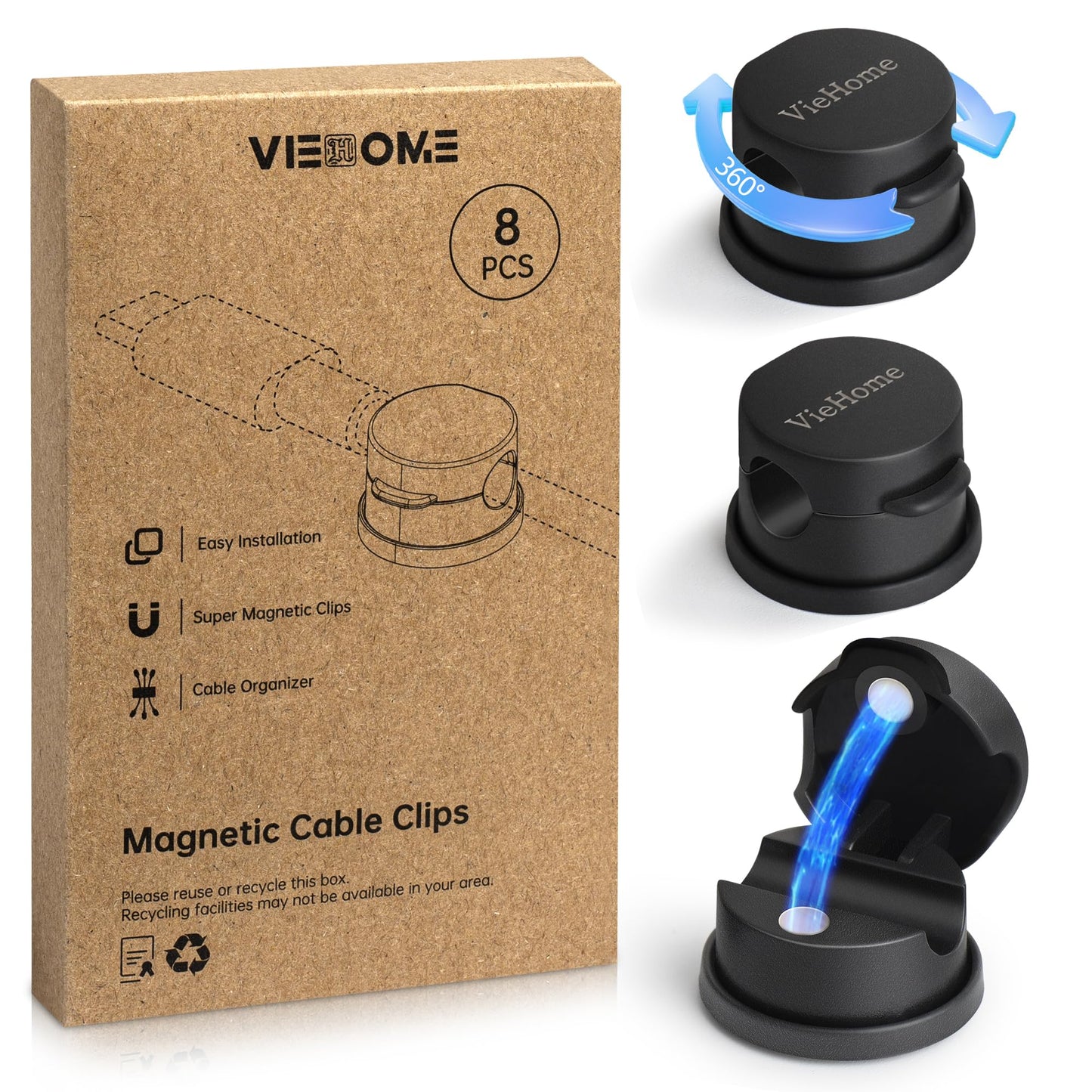 VieHome 8 Pack Magnetic Cable Management Clips - Ideal Cord Holder for Nightstand, Desk, Charger Holder - Phone Cord Holder w/360 Rotation