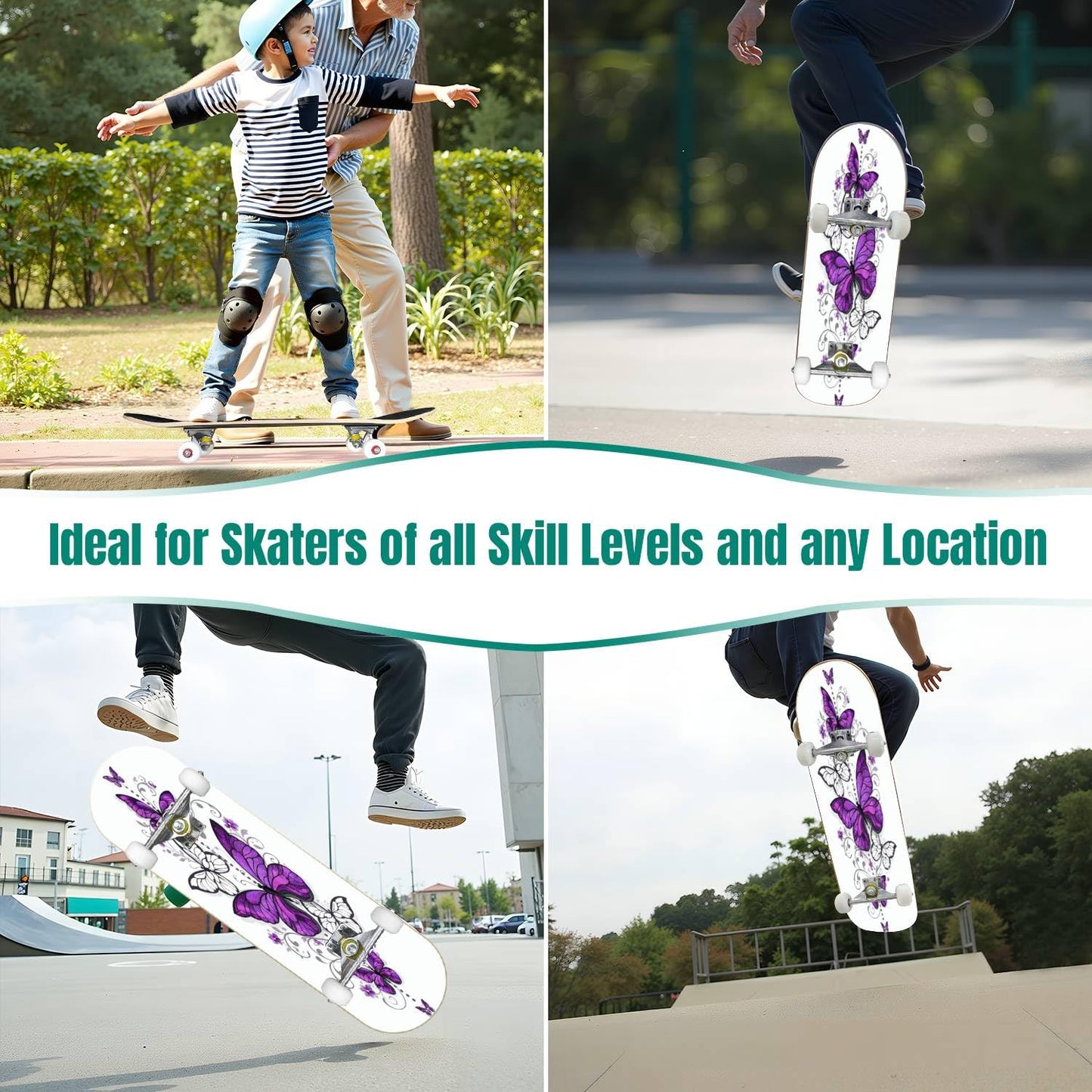 Skateboards Composition of Purple Pink Butterflies Morpho and White Butterflies Classic Concave Skateboard Cool Stuff Teen Gifts Longboard Extreme Sports for Beginners and Professionals
