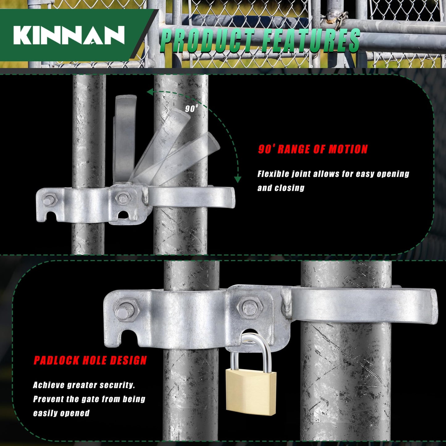 KINNAN 1-3/8" x 1-3/8" Chain Link Fence Gate Latch, Chain Link Parts with Padlock Hole, Galvanized Fence Latch Lock for Fence Gate Frames,Mount to Gate Post