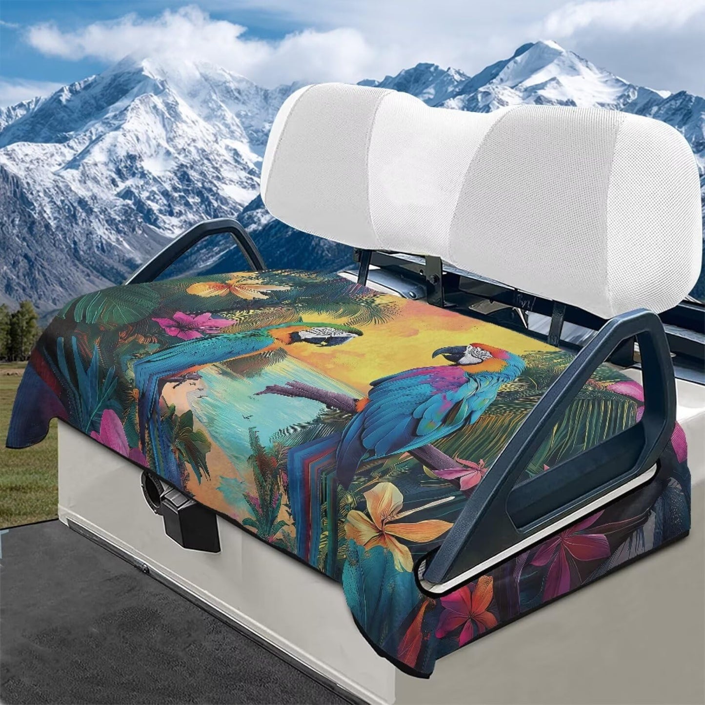 Oramclsy Tropical Flower Golf Cart Seat Cover Parrot Aesthetic Golf Cart Seat Blanket for Club Car Universal Towel Accessories Keeps Warm in Cold
