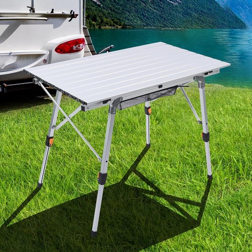 JOUYEK Folding Outdoor Camping Table with Adjustable Legs, Lightweight Aluminum Roll Up Camp Table with Carrying Bag, Mesh Storage Organizer, for Cooking, Picnic, Beach, Backyards, BBQ, Party