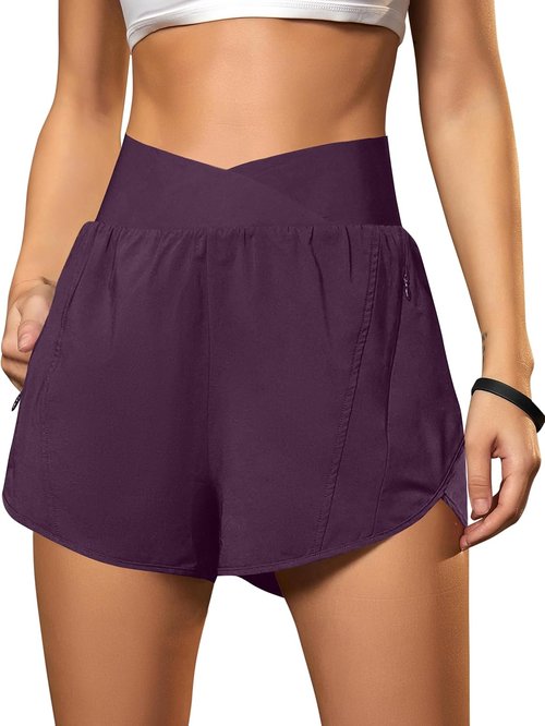 Blooming Jelly Women's High Waisted Athletic Running Shorts - Crossover Design with Zipper Pockets